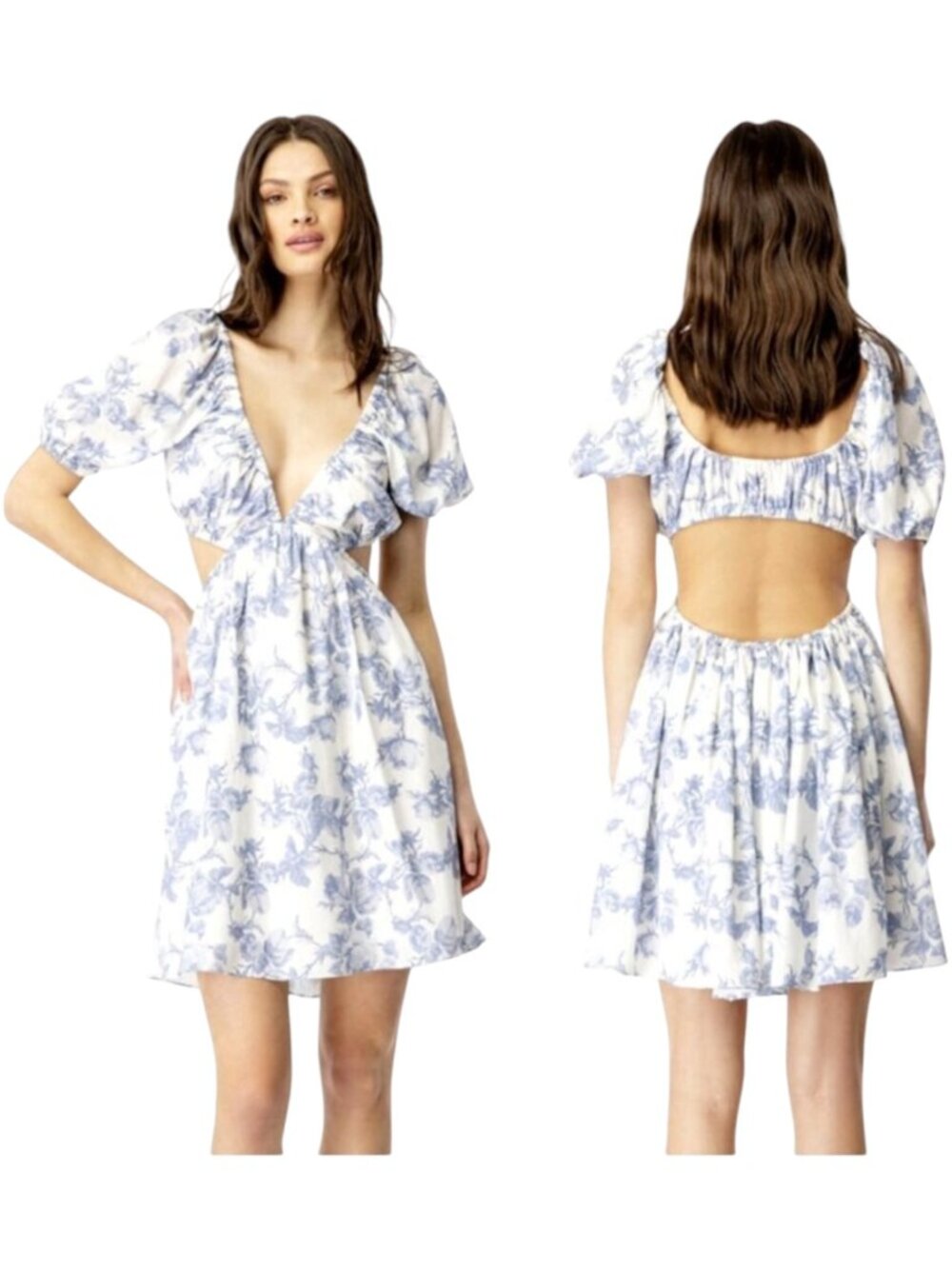 Bardot Eden Dress Women Large‎ Blue White Floral Toile Cut Out Mini Cottagecore